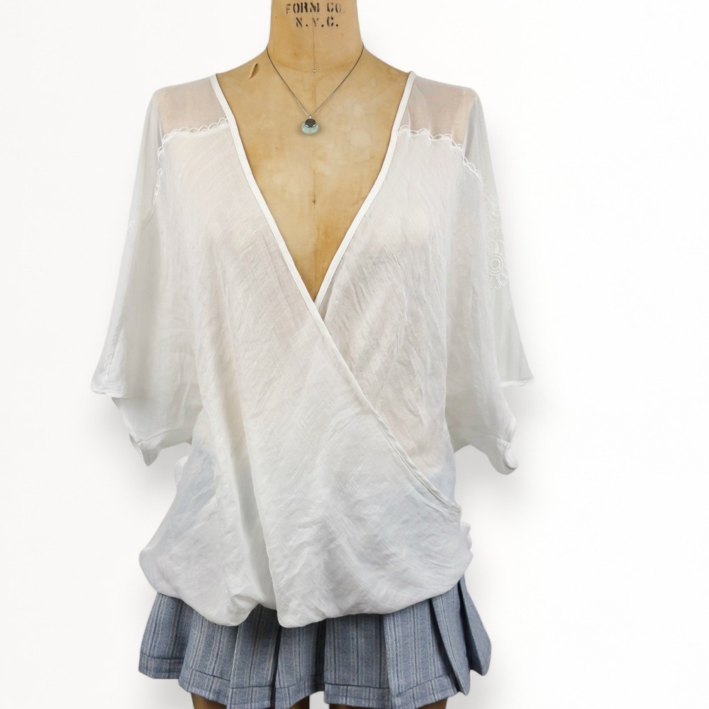 Y2K Mesh Floral Wrap Top Sheer Kimono Sleeve Ethereal Fairycore Coquette M L